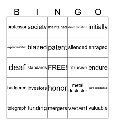 Our Vocabulary Bingo Card