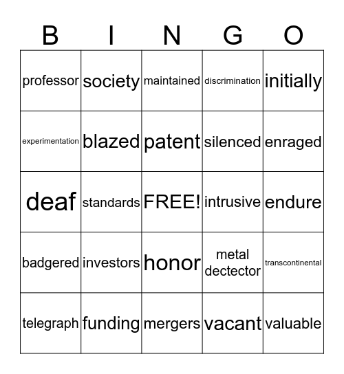 Our Vocabulary Bingo Card