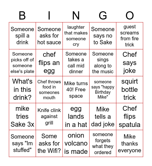 Mikes 40th Hibachi Bingo Card