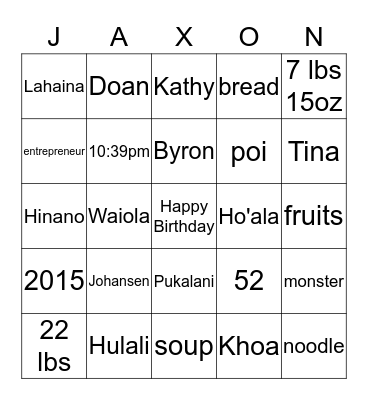 JAXON'S 1ST BIRTHDAY Bingo Card