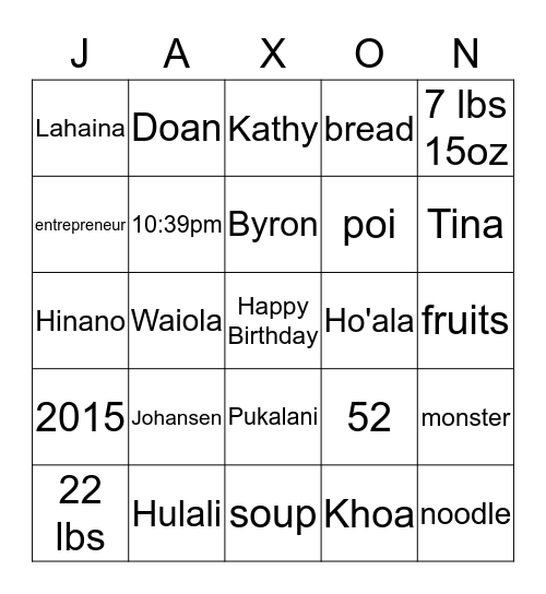 JAXON'S 1ST BIRTHDAY Bingo Card