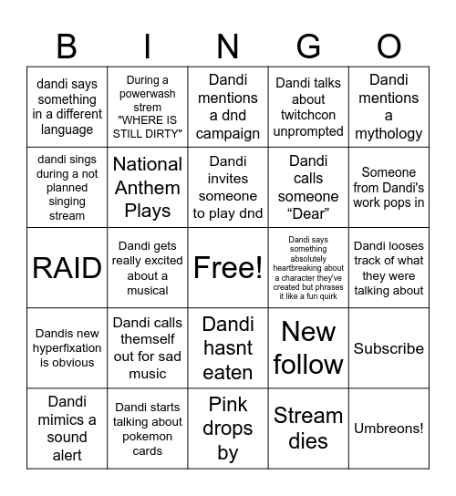 Dandi Stream Bingo Card