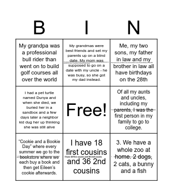 Family InDay Bingo Card