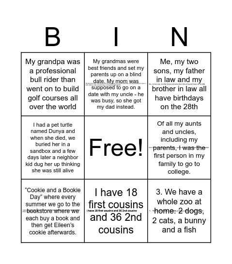 Family InDay Bingo Card