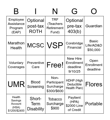 MCSC Teacher Benefits Bingo Card