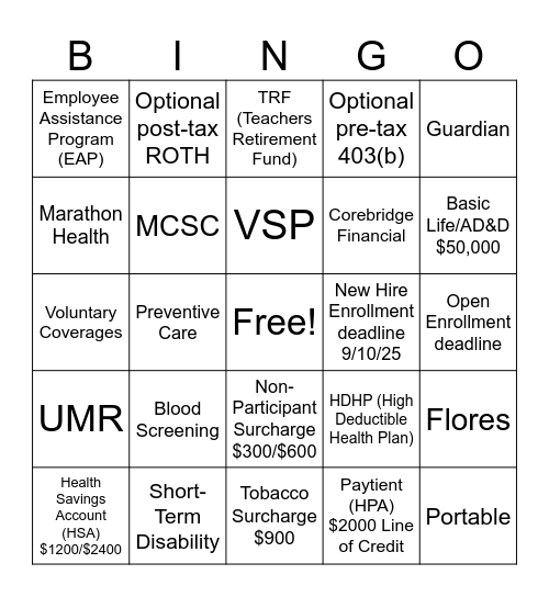 MCSC Teacher Benefits Bingo Card