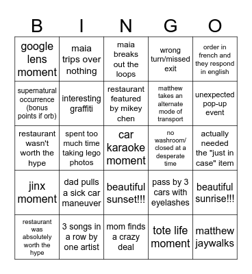 road trip bingo Card