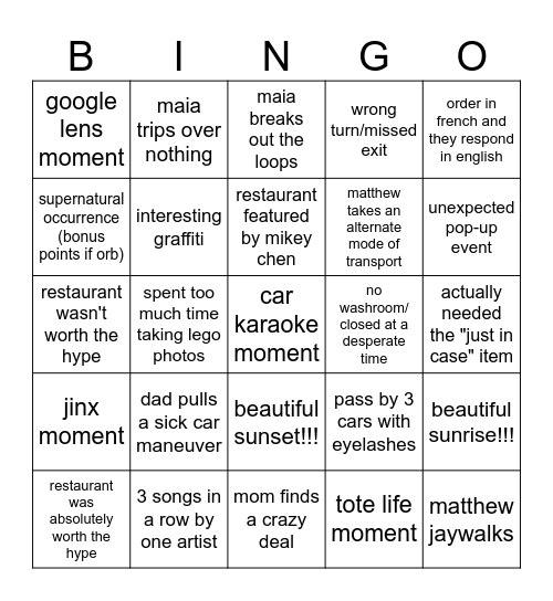 road trip bingo Card