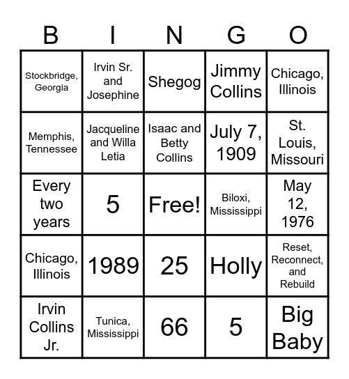 Collins Shegog Family Bingo 2025 Bingo Card