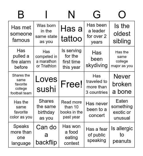 Find Someone Who Bingo Card