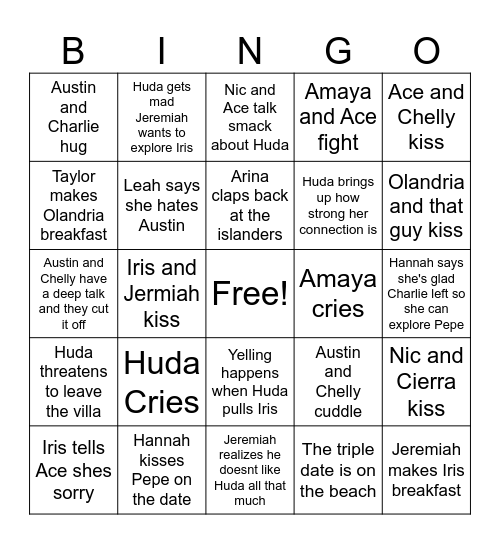 Love Island Bingo Card