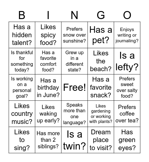 Ice Breaker Bingo Card