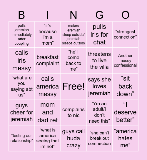 Love Island s7 ep13 Bingo Card