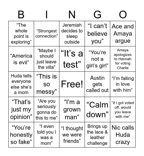 Messy Island Bingo Card