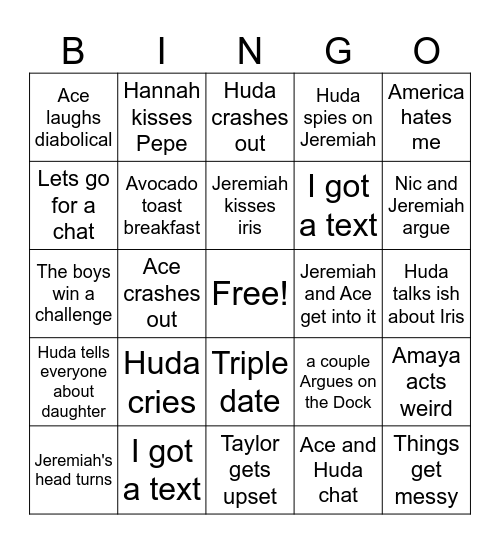 Love Island Bingo Card