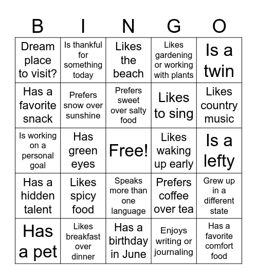 Ice Breaker Bingo Card