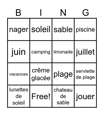 Mots d'été Bingo Card