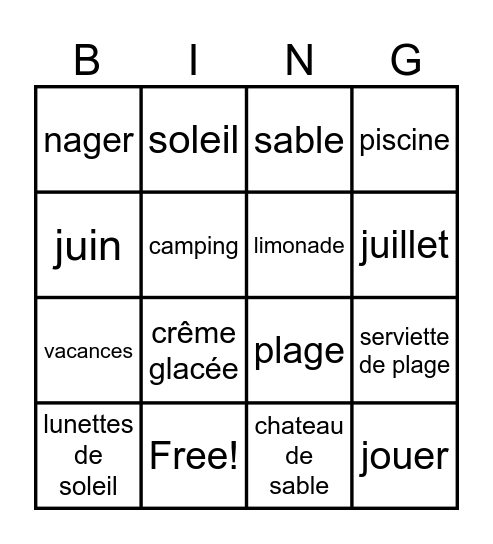 Mots d'été Bingo Card