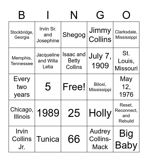 Collins Shegog Family Bingo Card