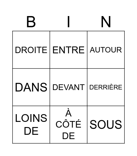 PRÉPOSITIONS DE LIEU Bingo Card