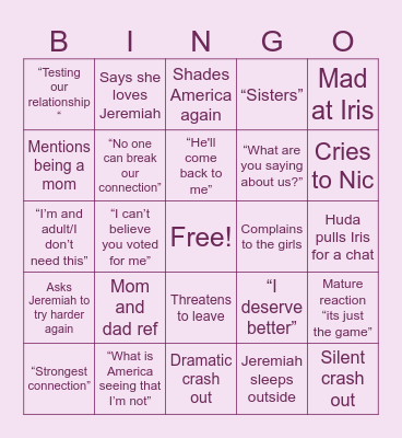 Love Island Episode 12 Bingo Card