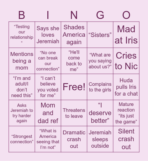 Love Island Episode 12 Bingo Card