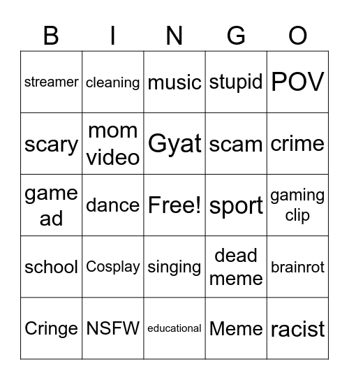 Yt shorts bingo Card