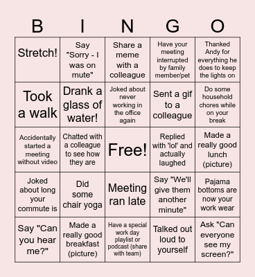 Remote Work Bingo Card