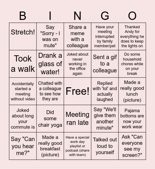 Remote Work Bingo Card