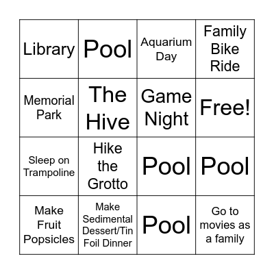 Wright Family Summer Bingo Card