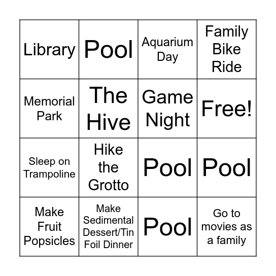 Wright Family Summer Bingo Card