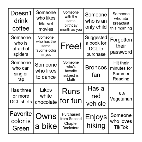 DCL Staff Bingo Card