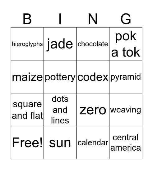 The Ancient Mayan Bingo Card