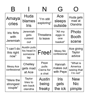 Love island Bingo Card