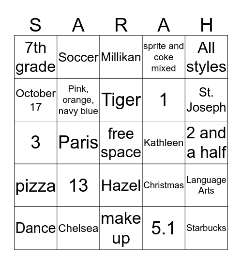 ALL ABOUT SARAH Bingo Card