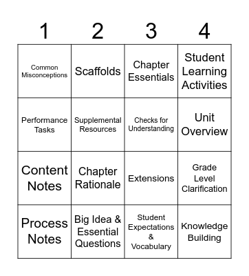 Curriculum Bingo Card