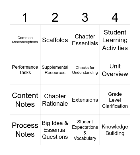 Curriculum Bingo Card
