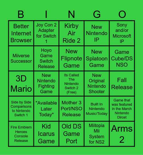 Nintendo Switch 2 Direct Predictions Bingo Card