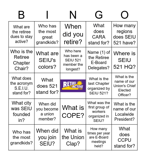 Retiree Bingo Card