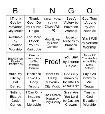 Worship Songs Bingo Card