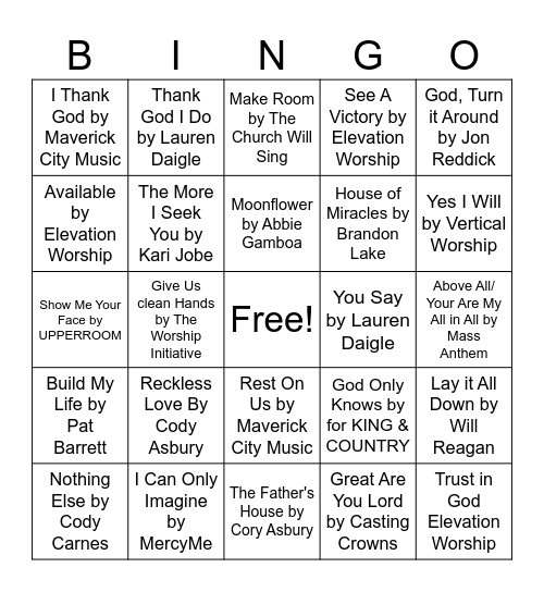 Worship Songs Bingo Card