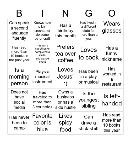 Find someone who . . . Bingo Card