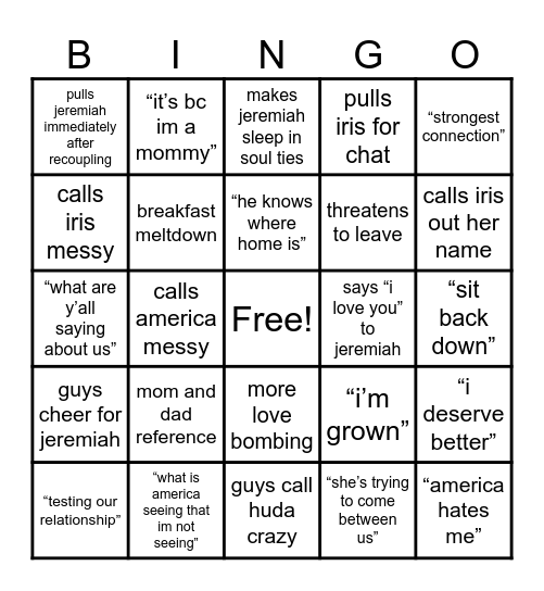 huda’s crash out Bingo Card