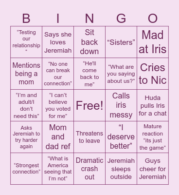 Love Island Episode 12 Bingo Card