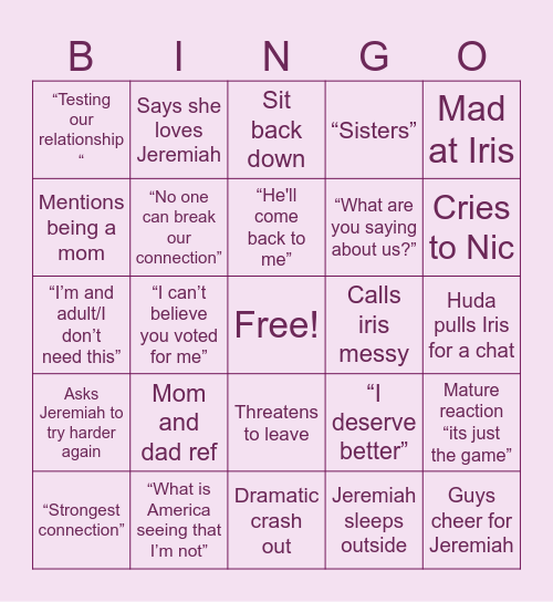 Love Island Episode 12 Bingo Card