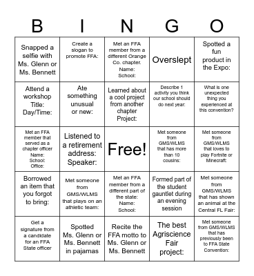 FFA State Convention 2025 Bingo Card