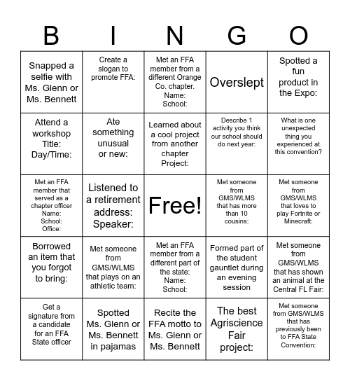 FFA State Convention 2025 Bingo Card
