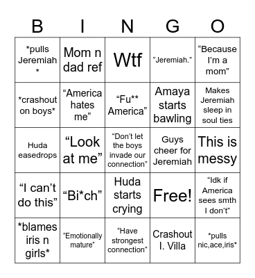 Episode 13 love island Bingo Card
