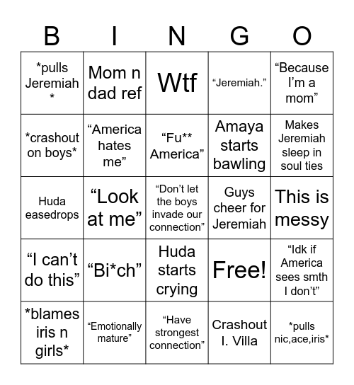 Episode 13 love island Bingo Card
