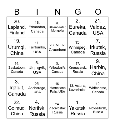 Coldest Cities in the World Bingo Card